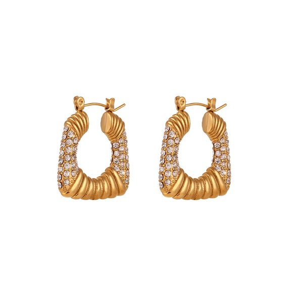Zircon Chunky‎ Square 18K Gold Plated Hoop Earrings Stainless Steel - Picture 9 of 13